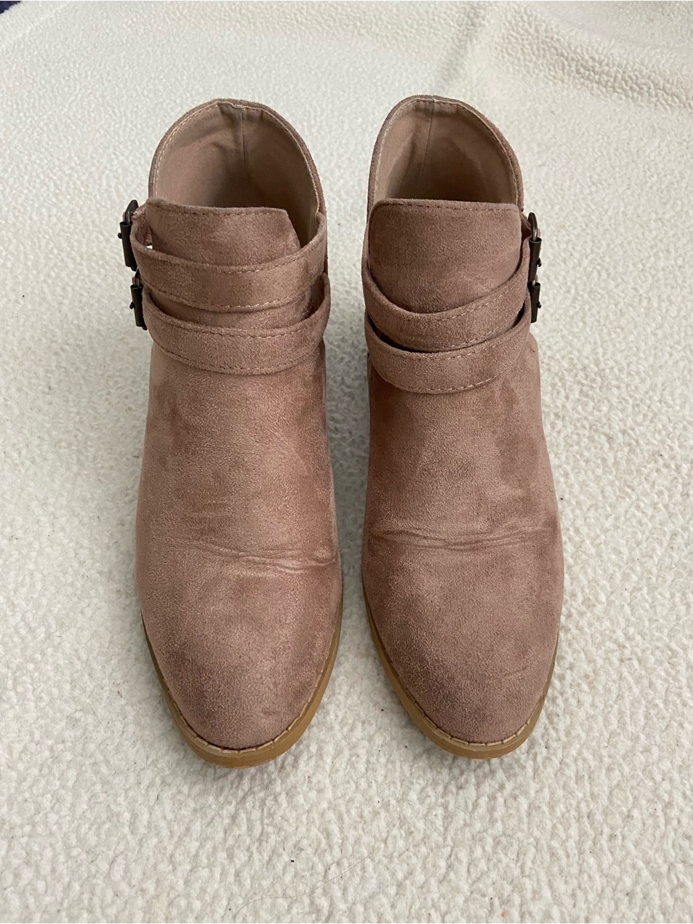 Suede Ankle Booties in Tan with Buckle Strap